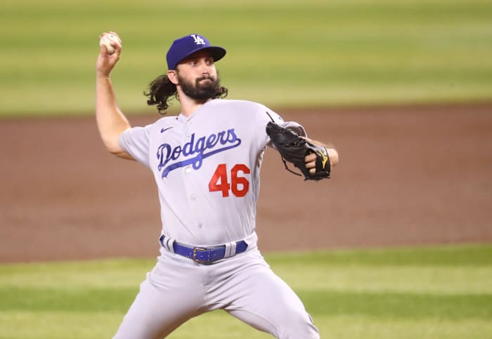 Jul 31, 2020; Phoenix, Arizona, USA; Los Angeles Dodgers pitcher Tony Gonsolin throws in the first inning against the Arizona Diamondbacks at Chase Field. Mandatory Credit: Mark J. Rebilas-USA TODAY Sports